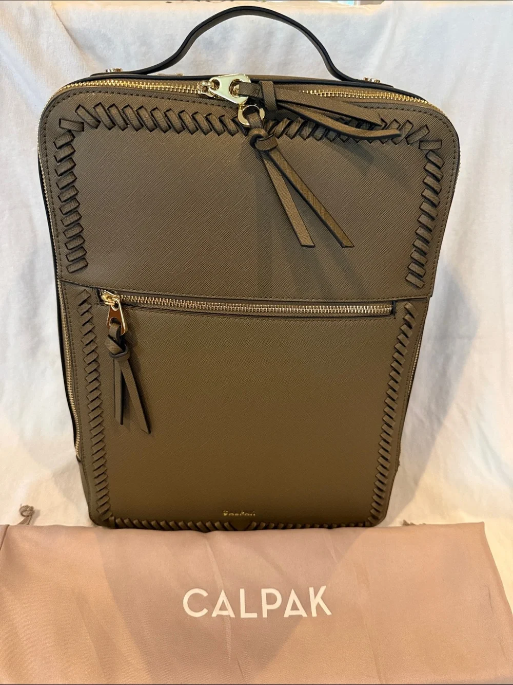 Calpak Olive Green TravelBackpack with Whipstitch Trim